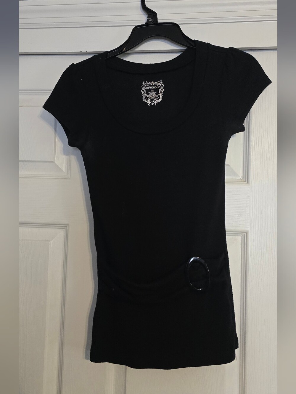 Black Women's Short Sleeve Scoop Neck Top with Waist Belt Accent